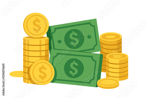 A 3D cartoon plastic banknote and coin are isolated on a white background, serving as a realistic and cute symbol or icon, and are part of a collection of sweet and glossy money elements