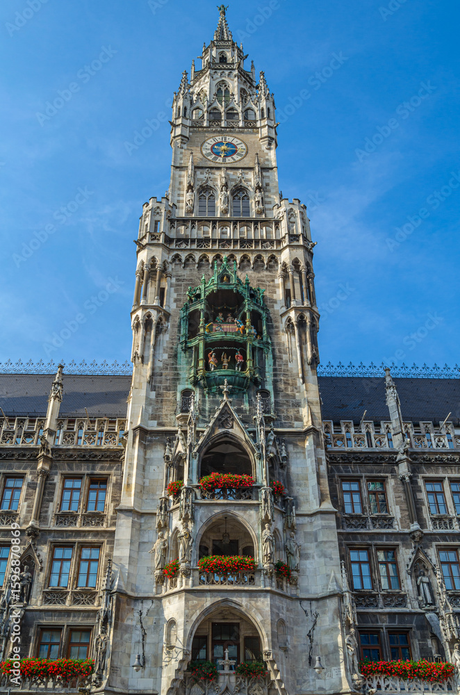 Fototapeta premium View of the Munich town hall, Bavaria, Germany, neo-Gothic building