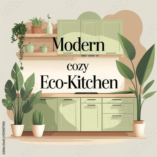 Interior illustration of a kitchen with plants and light green cabinets and shelves, a cozy environment
