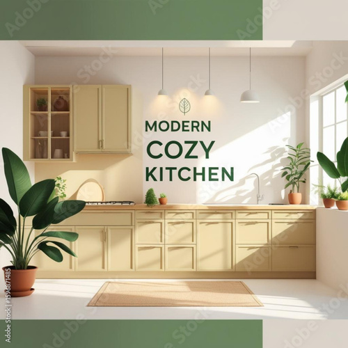 Interior view of a modern kitchen with plants and light colored cabinets and natural sunlight coming in