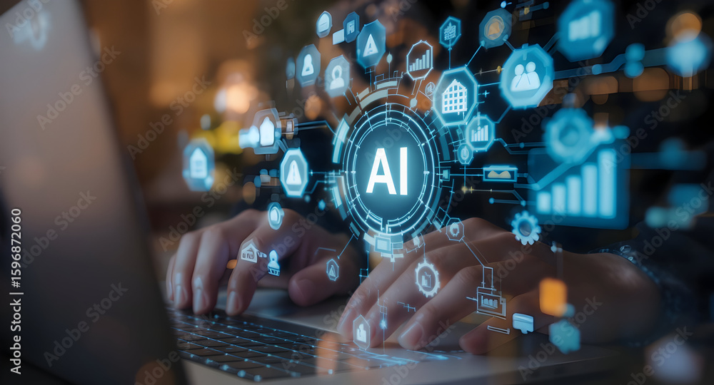 Fototapeta premium Artificial intelligence holographic overlay on laptop
