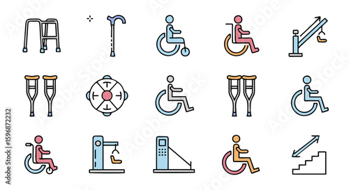 Mobility aid and assistive equipment icon set including walker, crutches, wheelchair, cane, and stair lift in thin black editable stroke vector style on white background.