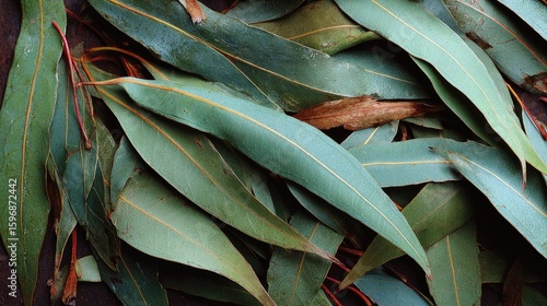 Close-up view of many dried eucalyptus leaves.
