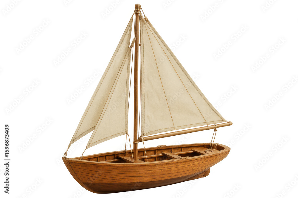 Obraz premium Wooden sailboat miniature sitting on transparent backdrop, representing nautical craftsmanship and maritime passion