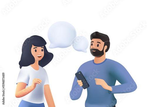 Young couple talking together 3D render vector illustration. People communicating. Positive communication of multinational friends. People conversation with speech bubbles. Cartoon illustration