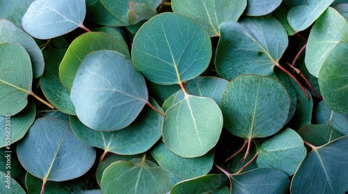 Close-up view of many eucalyptus leaves.