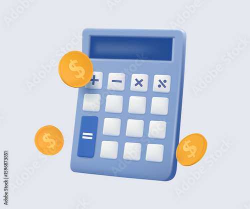 Blue minimalist calculator 3d illustration icon cartoon style vector. 3d icon of calculator with coins. Taxes calculation for finance and banking on white background. Concept for investing and revenue
