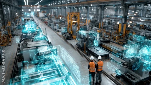 Smart Factory Workers Inspecting Automated Machinery with Digital Overlay, 4k video footage