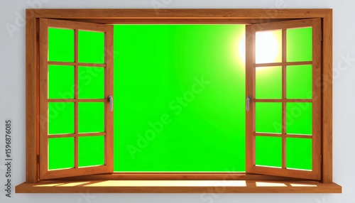 Open wooden window with bright green screen and sunlight