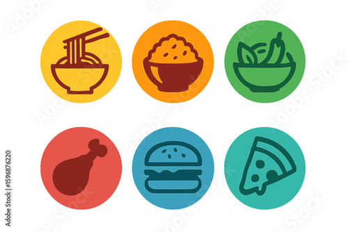 Logo for Asian cuisine featuring wok, rice, ramen, and tom yum, with stew or vegetables on hot plates, hand-drawn dishes, and decorative cooking symbols, forming a noodle logotype template with a