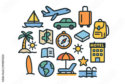 Collection of global tourist and travel symbols, including a travel icon set with solid icon elements