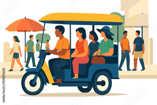 Illustrate a vector cityscape of Chiangmai, Thailand, featuring a local motor tricycle Tuk on the street