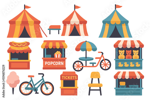 Vector illustration depicting a street food set with vendors selling food from various outlets including kiosks, booths, food trucks, and carts