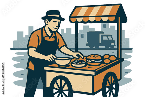 A vendor is selling traditional Indonesian street food including Baso Tahu and Batagor in a cartoon illustration vector scene