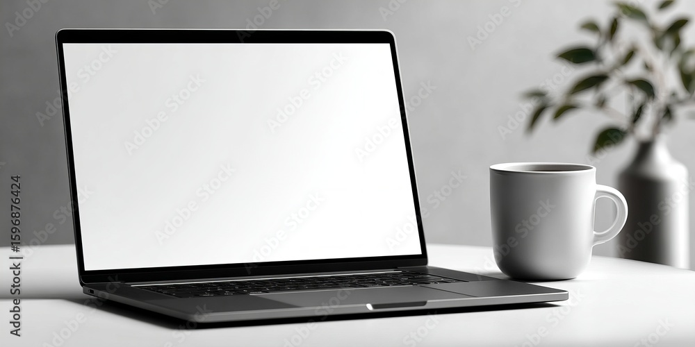 Fototapeta premium angled laptop mockup on minimalist white desk, large horizontal screen showing editable blank interface, coffee cup nearby, clean web design presentation