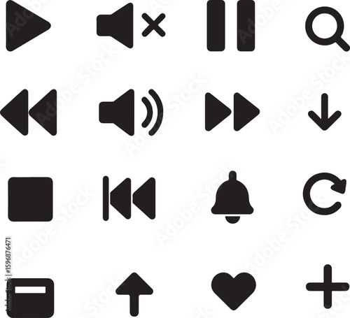 Play pause rewind fast forward volume search bell refresh heart plus minus vector