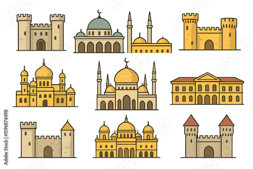 Traditional arabic architecture of old brick buildings with ancient facade of palais from arabia or africa desert and arabian houses in neat vector illustration for islamic heritage