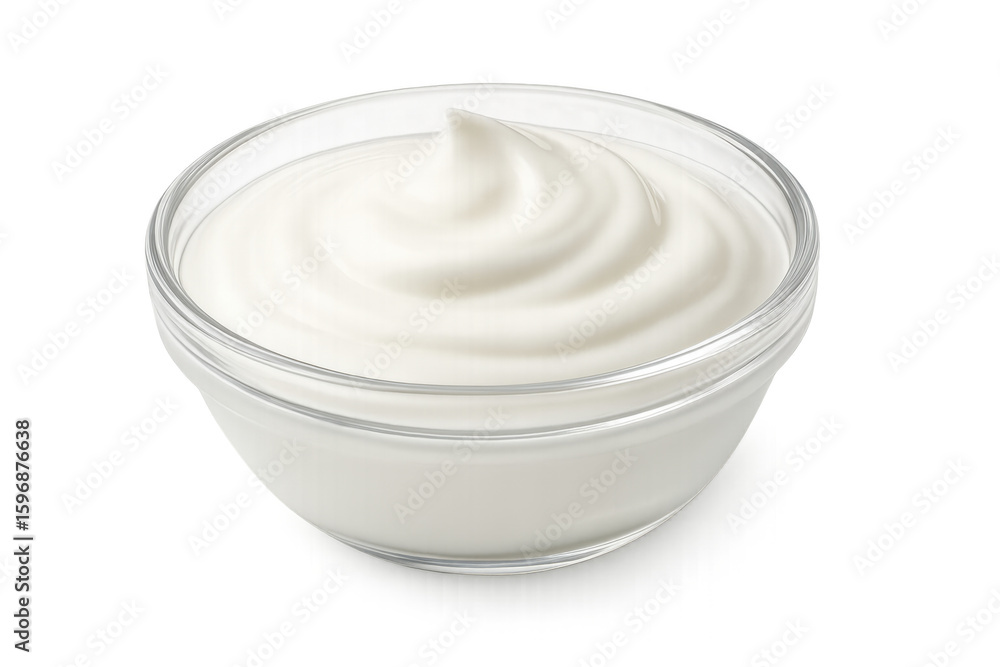 Creamy white yogurt swirling in glass bowl, displaying smooth texture and rich consistency against transparent backdrop Creamy white yogurt swirling in glass bowl, displaying smooth texture and rich consistency against transparent backdrop