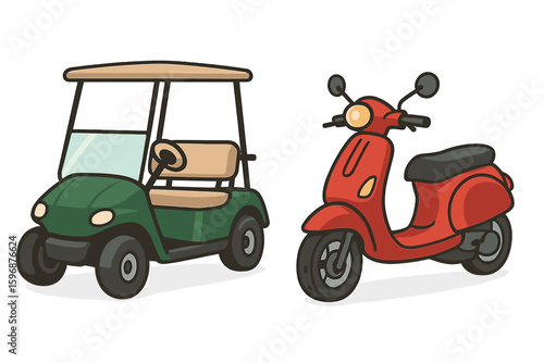 A set of four vector tuk tuks is presented as a flat cartoon illustration of Asian public transportation