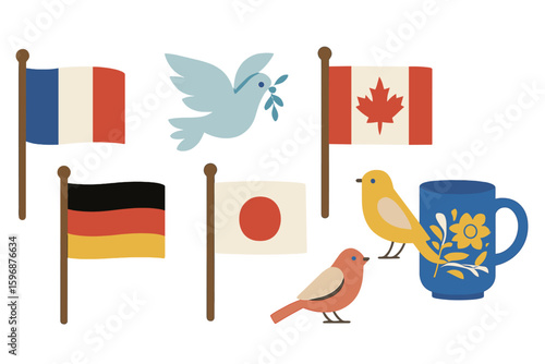 Vector Set Featuring Peru's Country Attributes, Including Poncho and a Cup of Pisco Drink