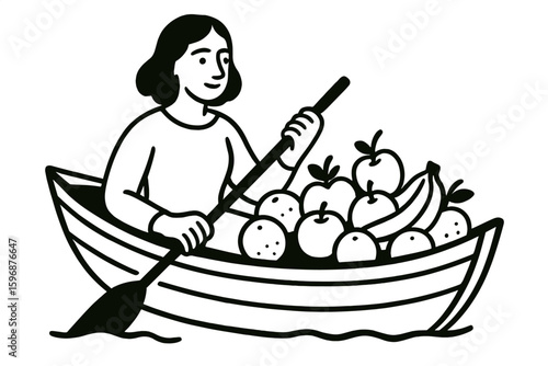 Thai river scene featuring a hand drawn vector illustration of a floating market with various Thai market elements design