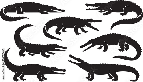 Black alligator silhouettes in various poses reptile animal