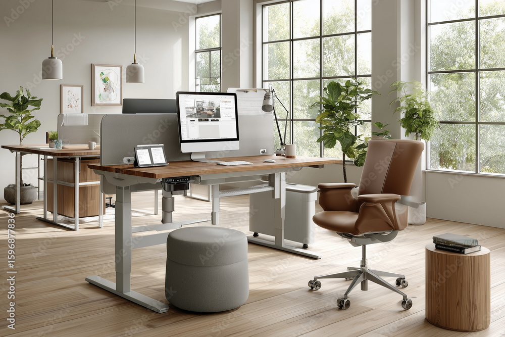 Fototapeta premium A bright, contemporary office features ergonomic standing desks with cable management and swivel chairs, set in an open-plan layout with large windows and indoor plants, promoting healthy environment