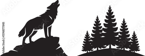 Black wolf howling on rocky outcrop beside pine trees vector