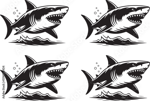 Four black sharks breaching water with open mouths and sharp teeth ocean