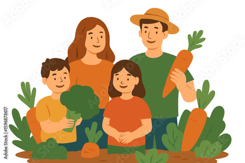 Illustration of a sustainable lifestyle family with a tiny person, growing organic food, in a nature-friendly countryside with a local food harvest for healthy eating, presented in an environmental