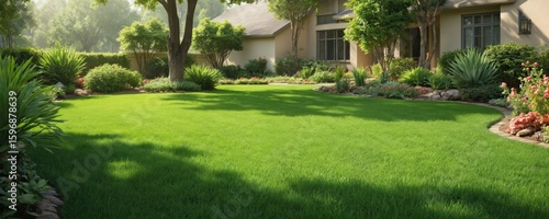 Residential garden features plants, trees, bushes, grass, flowers. White fence, gray roof, boundary, symmetry. Green turf, trees, bushes, flowers, pathway, watering system, sprinkler, pesticide,