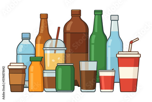 Set of 12 green silhouette pictograms for waste sorting and recycling, featuring icons such as cardboard and plastic beverage packaging, promoting responsible consumerism for web and mobile