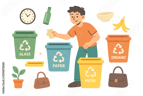 Vector illustration of waste management concept, depicting people disposing of garbage in containers, with a man and woman separating trash, promoting pollution protection, ecology, and recycling to