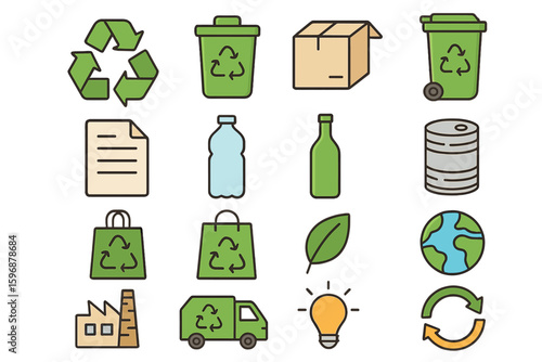Icon pack outlining the creative process of upcycling through transformation, reuse, and recycling
