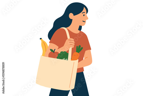 Young female millennial character embodying the zero waste concept by carrying groceries in a reusable eco-friendly shopper bag