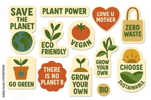 Retro-style environmental quotes and trendy designs, including a sticker pack to save the planet, Earth Day badges or labels, and logos for organic, vegan, and plant-based products, all presented in