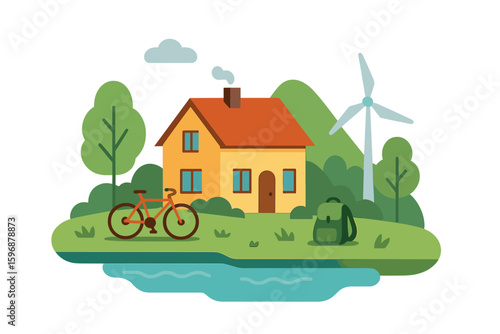 Green community ecosystem with renewable energy outline concept, featuring sustainable, nature-friendly, and environmentally-friendly power sources from solar panels and wind turbines in a vector