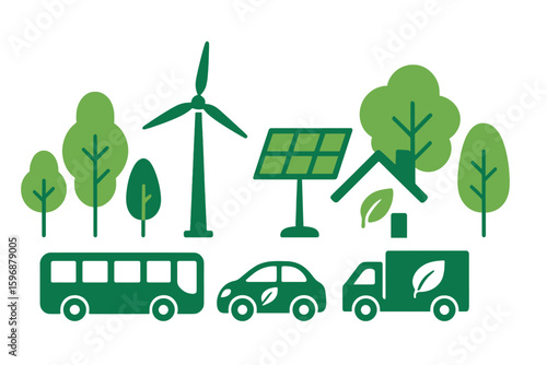 The concept of reducing CO2 emissions and achieving net zero through clean energy is a long-term strategy to combat climate change, represented by a green environment flat icon vector illustration