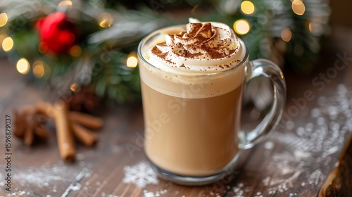Cozy christmas coffee drink with whipped cream and cinnamon