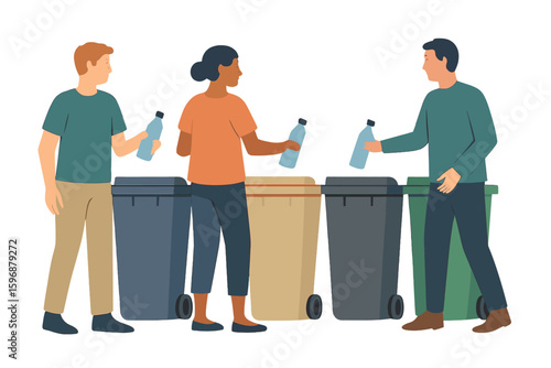 Cartoon flat vector illustration of people sorting garbage, with men and women throwing away plastic bottles, promoting a zero waste lifestyle as eco friendly volunteers and activists caring for