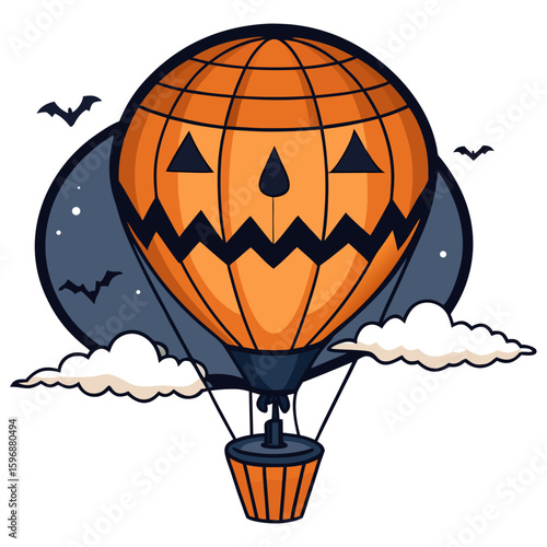 Vector art of a halloween pumpkin hot air balloon floats in the night sky with bats