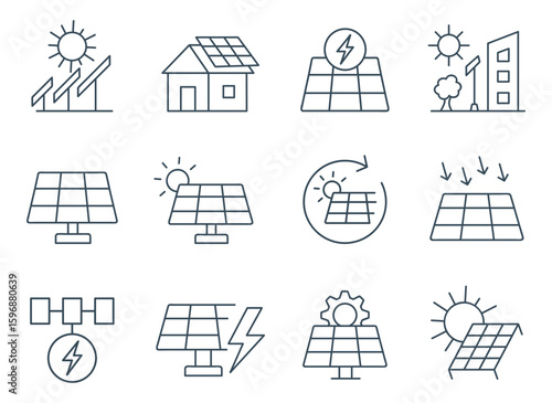Solar Pannel Icon Set Vector | Solar energy, Renewable Power System Collection | Green, sustainable, electricity, sun, panel, generation, storage, smart city outline icons illustration