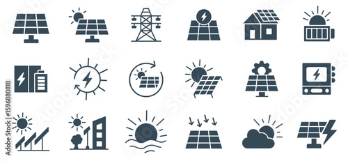 Solar Energy Power solid Icon set Vector | Solar panel, Renewable Electricity Grid Collection | Sun, panel, battery, pylon, generation, storage, smart city, filled icons illustration