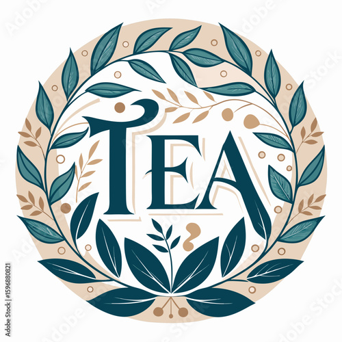 Elegant tea logo with botanical flourish isolated on white background silhouette