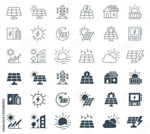 Solar Energy, Power Icon set Vector | Solar panel, Renewable Electricity Grid Collection | Sun, panel, battery, pylon, generation, storage, smart city, outline and glyph icons illustration