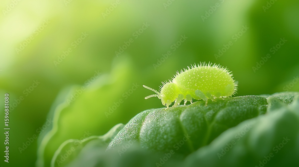 Fototapeta premium Tiny green insect perched on a lush green leaf