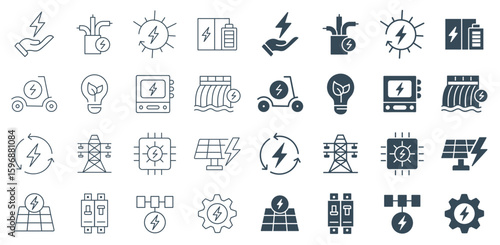 Electricity Power Energy Icon Pack | Generation, Storage, Distribution System | Solar, battery, lightbulb, dam, pylon, vehicle, outline, and glyph illustration