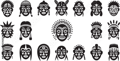 Tribal Spirit Faces – Ethnic Silhouette Icon Set

