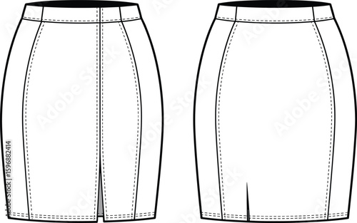 drawing flat vector illustration, pencil skirt technical sketch, front and back view, garment blueprint, apparel design template, sewing pattern, detailed stitching, fashion asset