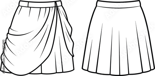 AD drawing flat vector illustration of draped pleated skirt styles, fashion design sketch, apparel template, garment pattern, clothing detail